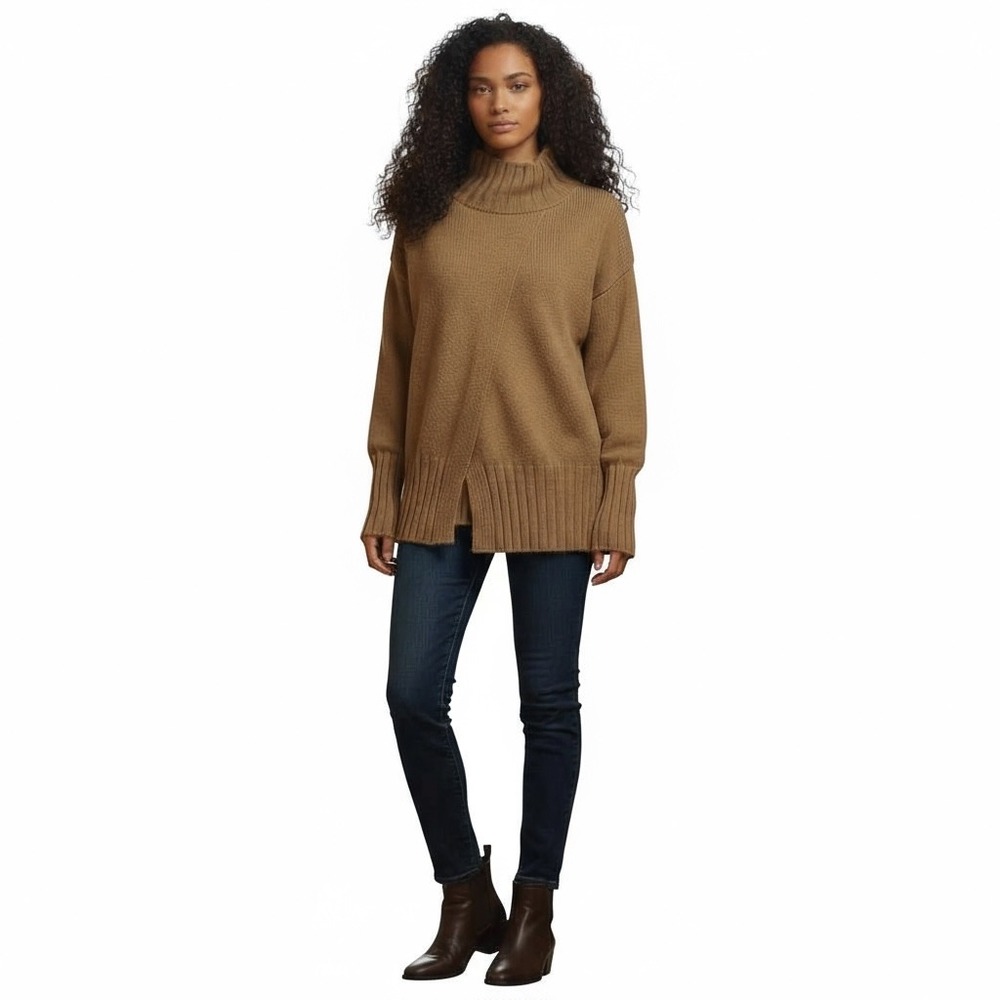 NWT Liviana Conti Womens Cashmere Blend Tan Mock‎ Neck Split Hem Sweater M L